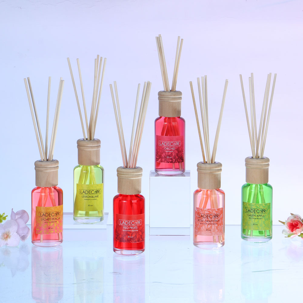 LADECOR Аромадиффузор с палочками, 50мл,6 ароматов лемонграсс,орхидея,фрукты,литчи, яблоко,грейпфрут, арт.№ 412-010