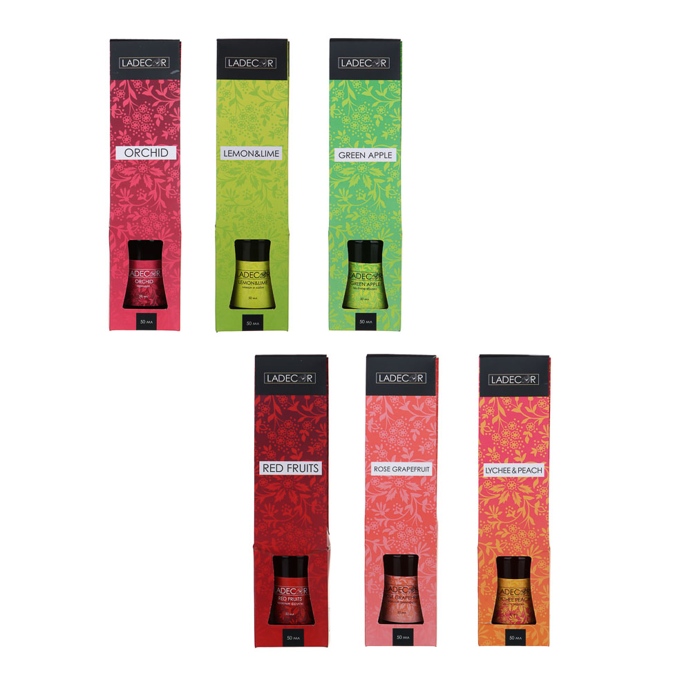 LADECOR Аромадиффузор с палочками, 50мл,6 ароматов лемонграсс,орхидея,фрукты,литчи, яблоко,грейпфрут, арт.№ 412-010
