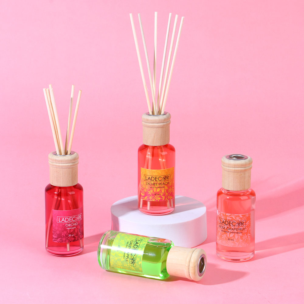 LADECOR Аромадиффузор с палочками, 50мл,6 ароматов лемонграсс,орхидея,фрукты,литчи, яблоко,грейпфрут, арт.№ 412-010