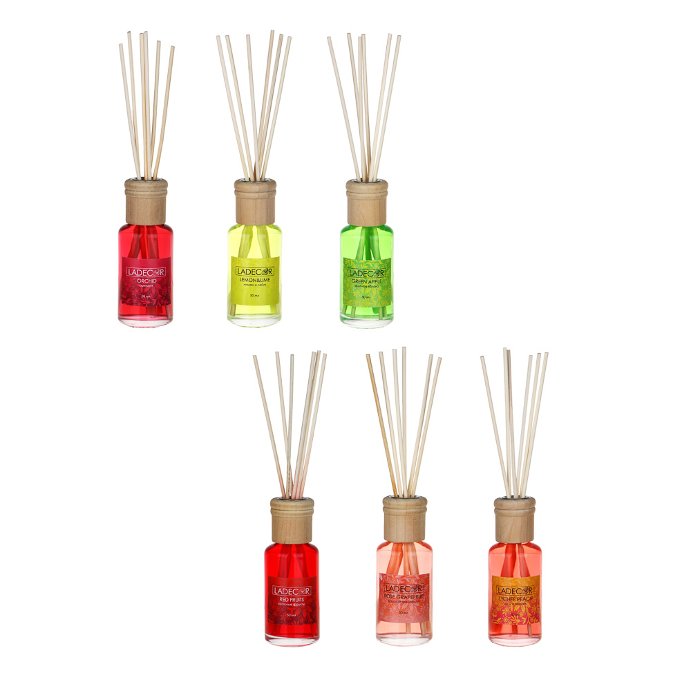 LADECOR Аромадиффузор с палочками, 50мл,6 ароматов лемонграсс,орхидея,фрукты,литчи, яблоко,грейпфрут, арт.№ 412-010