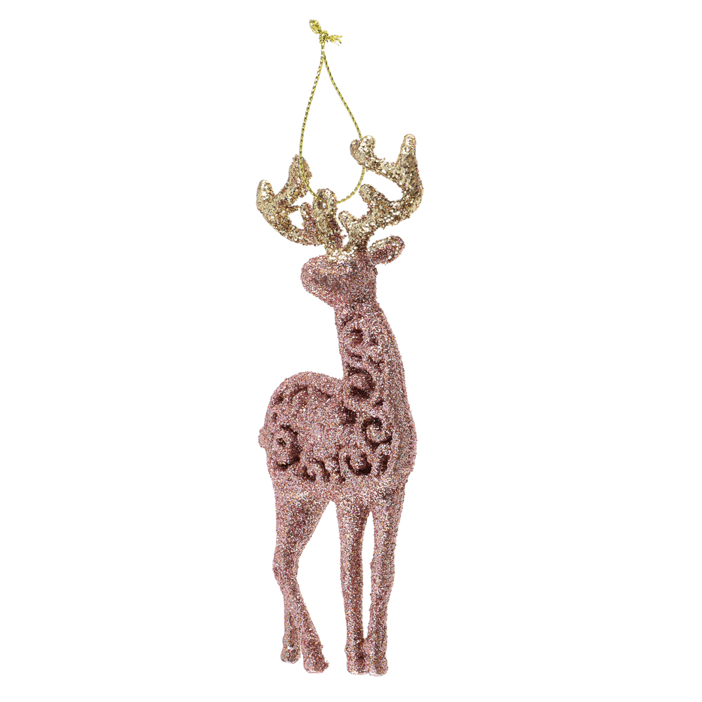 СНОУ БУМ Подвеска декоративная "Олень" 14 см, пластик, глиттер, розовое золото, 2 дизайна, арт.№ 374-626