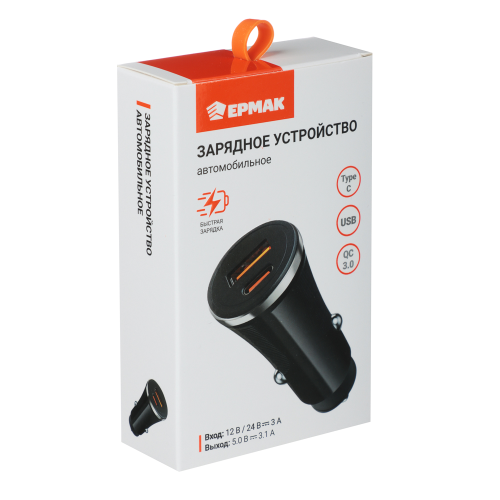 ЕРМАК Устройство зарядное в авто, USB QC 3.0+PD, 5В/3.1А, пластик, арт.№ 738-018