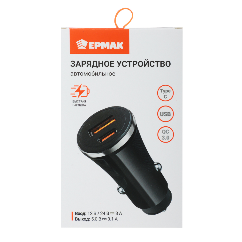 ЕРМАК Устройство зарядное в авто, USB QC 3.0+PD, 5В/3.1А, пластик, арт.№ 738-018