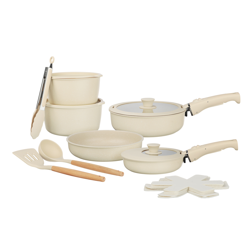 Набор посуды SATOSHI Бланко 19 предметов (сковороды 20 см, 24 см, 24 см, 2,8 л; кастрюля 2,8 л+ковш 2,2 л; съемные ручки, крышки, протектор, кухонные принадлежности, арт.№ 846-754