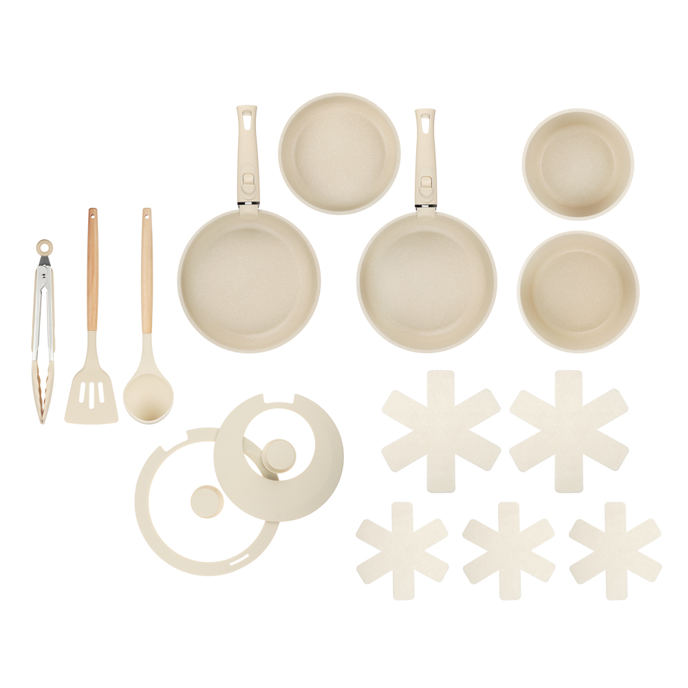 Набор посуды SATOSHI Бланко 19 предметов (сковороды 20 см, 24 см, 24 см, 2,8 л; кастрюля 2,8 л+ковш 2,2 л; съемные ручки, крышки, протектор, кухонные принадлежности, арт.№ 846-754