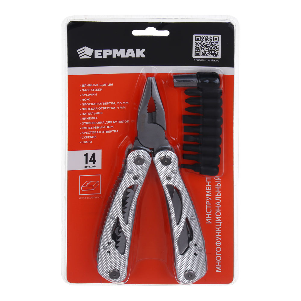 Инструмент многофункц. тм ЕРМАК,14 функций,9 насадок на отвертку+адаптер,16.5см,аллюм.,нерж. сталь, арт.№ 118-168