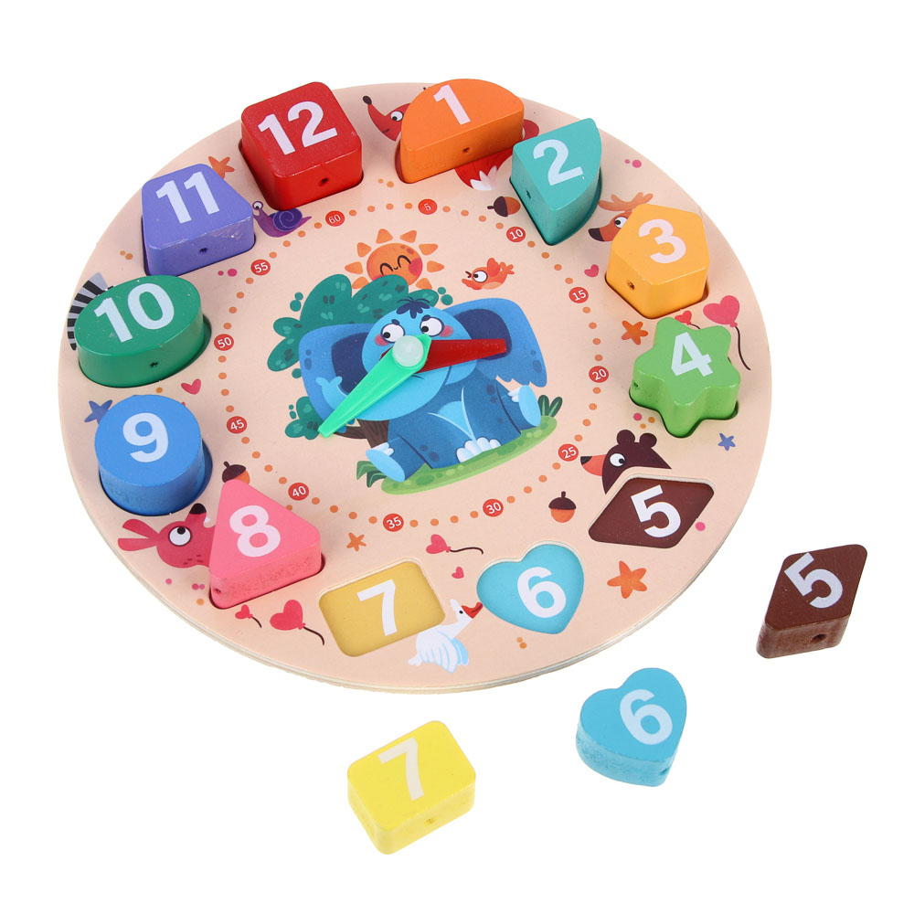 ИГРОЛЕНД Часики-сортер развивающие для малышей, 18,5х2,5х18,5см, дерево, арт.№ 262-503