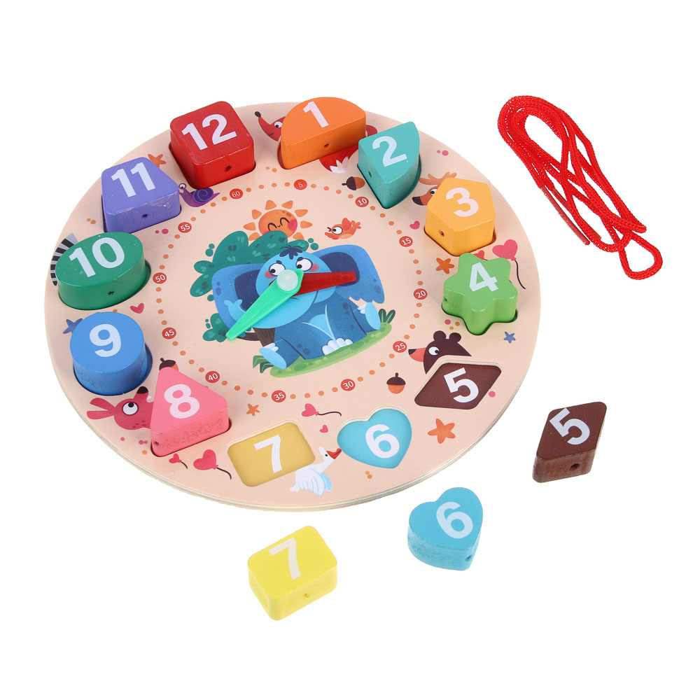 ИГРОЛЕНД Часики-сортер развивающие для малышей, 18,5х2,5х18,5см, дерево, арт.№ 262-503