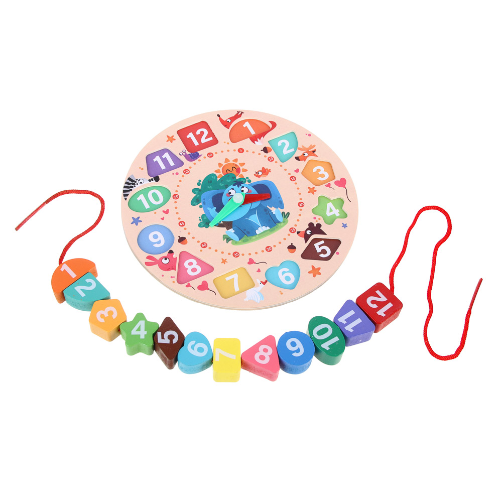 ИГРОЛЕНД Часики-сортер развивающие для малышей, 18,5х2,5х18,5см, дерево, арт.№ 262-503