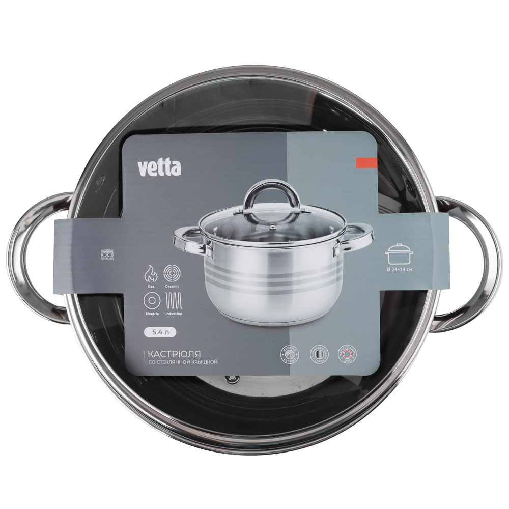 VETTA Фултон Кастрюля 24х14см, 5,4л, со стекл. крышкой, индукция, арт.№ 822-115