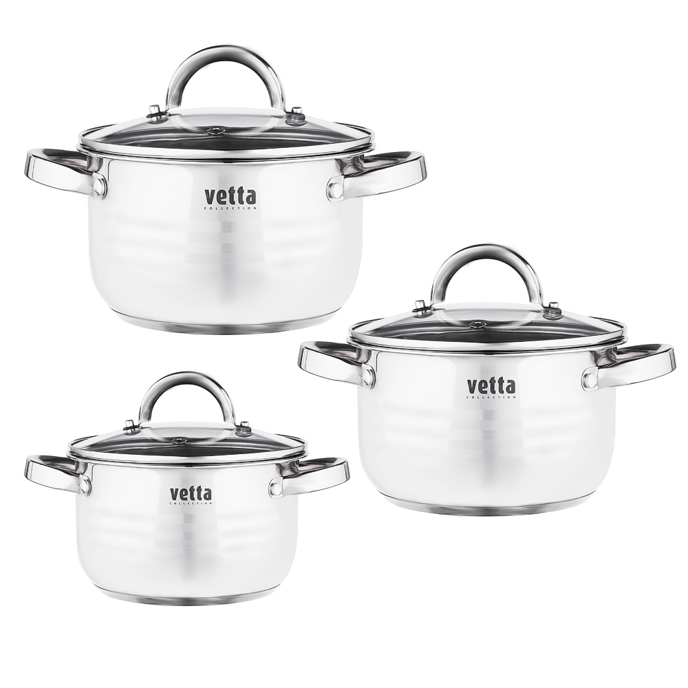 VETTA Фултон Набор кастрюль 6 пр. (1,5л+2,1л+4,0л) со стеклянной крышкой, арт.№ 822-142
