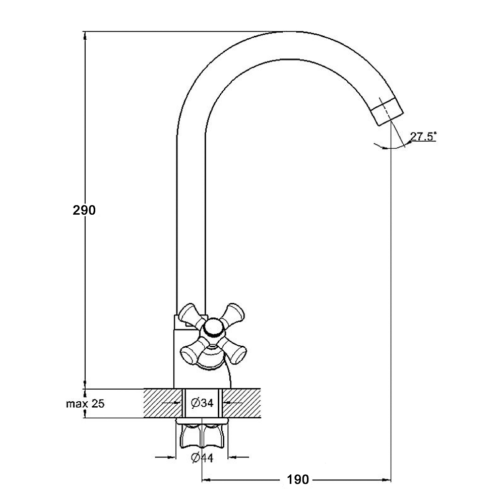 RAIN Смеситель для кухни Нефрит, поворотный излив, керам. кран-буксы 1/2, гайка, латунь, хром, арт.№ 561-267
