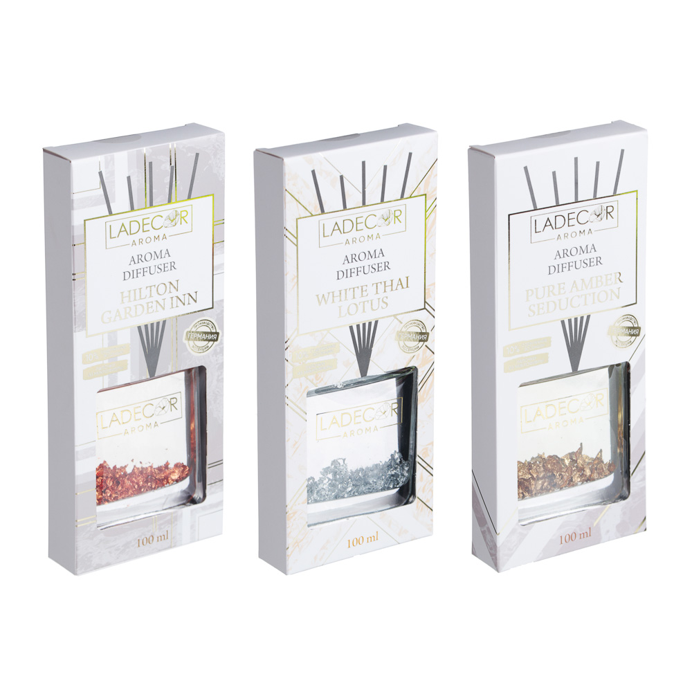 LADECOR Аромадиффузор с палочками, с блестками, 100 мл, 3 аромата, арт.№ 412-076