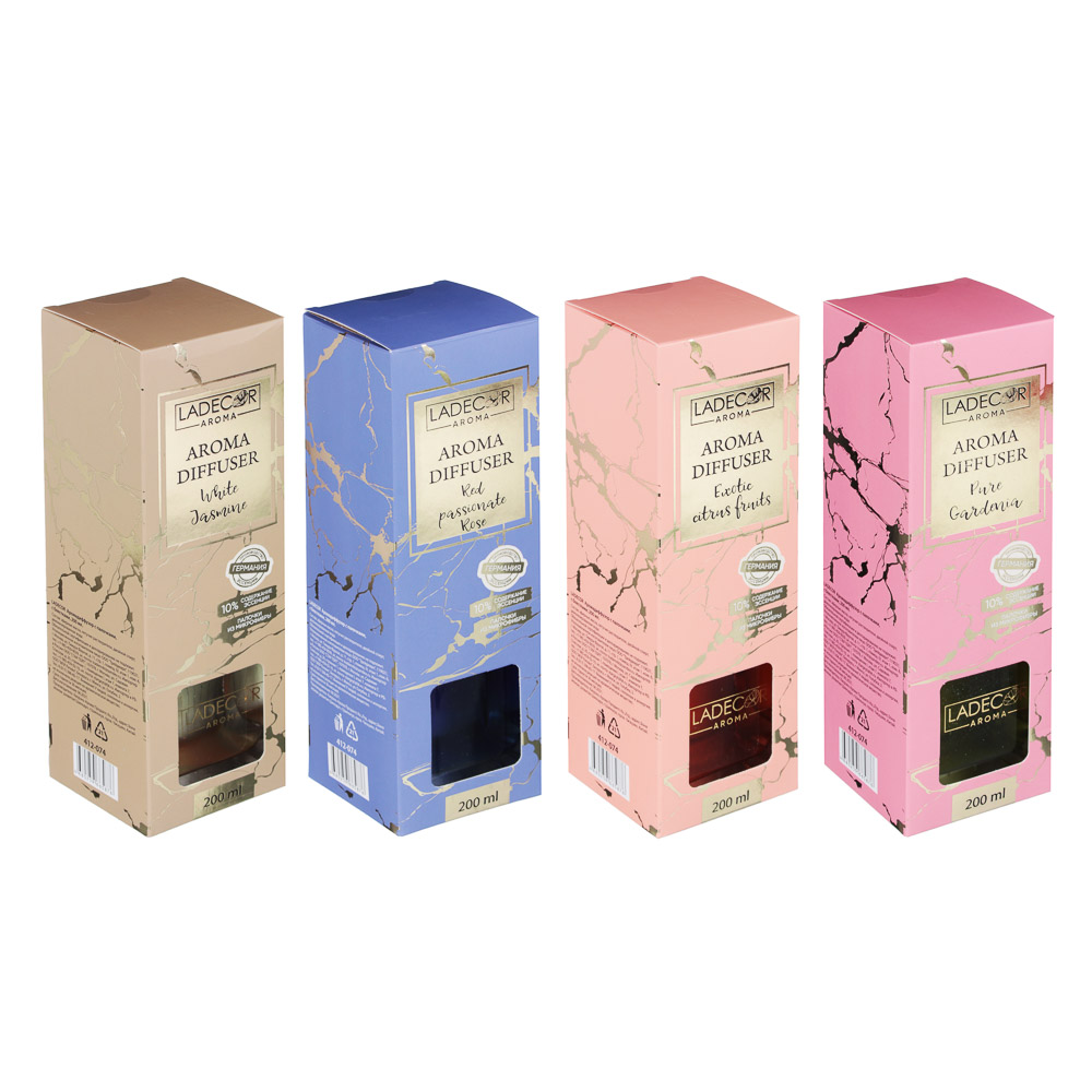 LADECOR Аромадиффузор с палочками, с блестками, 200 мл, 4 аромата, арт.№ 412-074