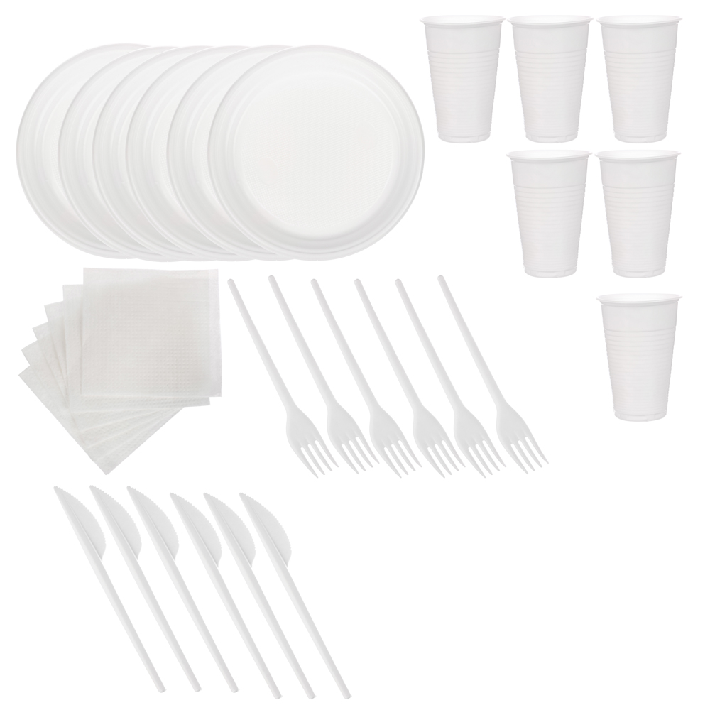 Набор на 6 персон окрашенный тм VIP (тарелка 205 мм; стакан 200 мл; вилка; нож; салфетка) полистирол, арт.№ 438-274