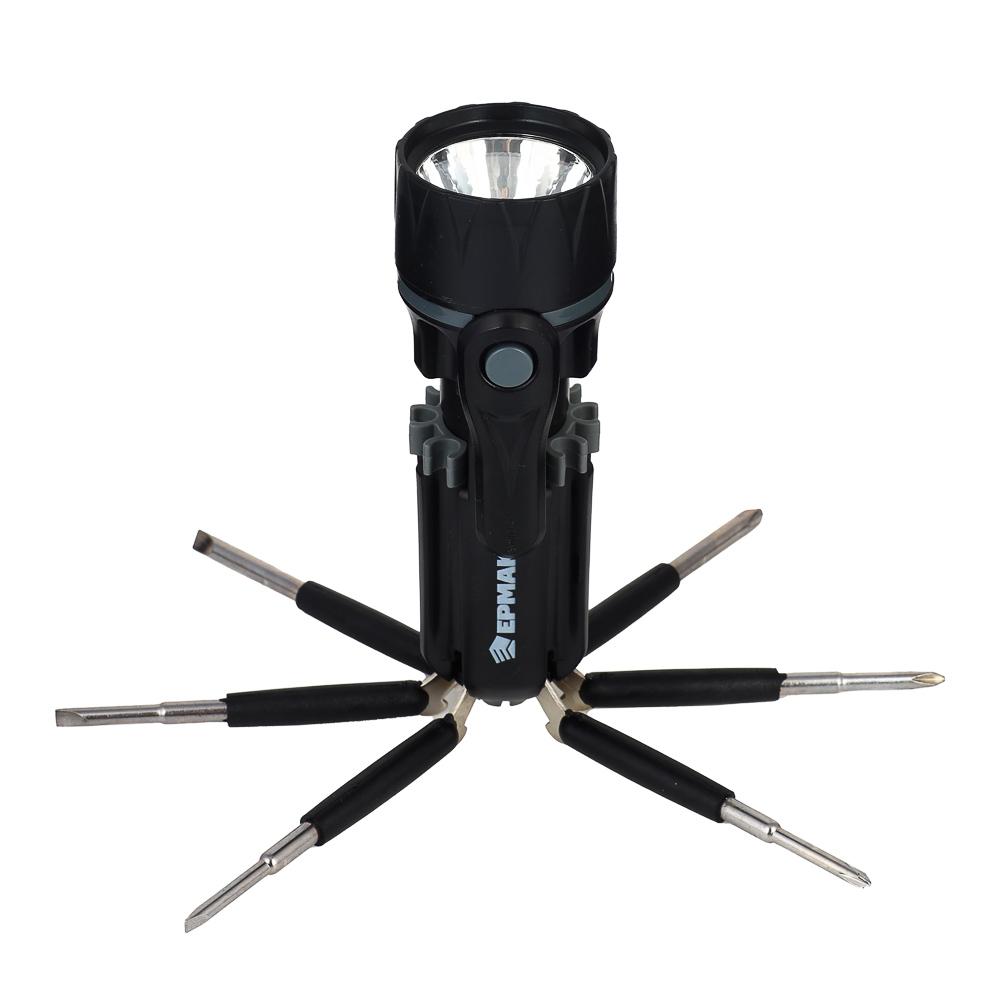 ЕРМАК Фонарь с инструментами, 8 в 1, 2 LED, 2 режима, 3xAAA, пластик, металл, арт.№ 209-002