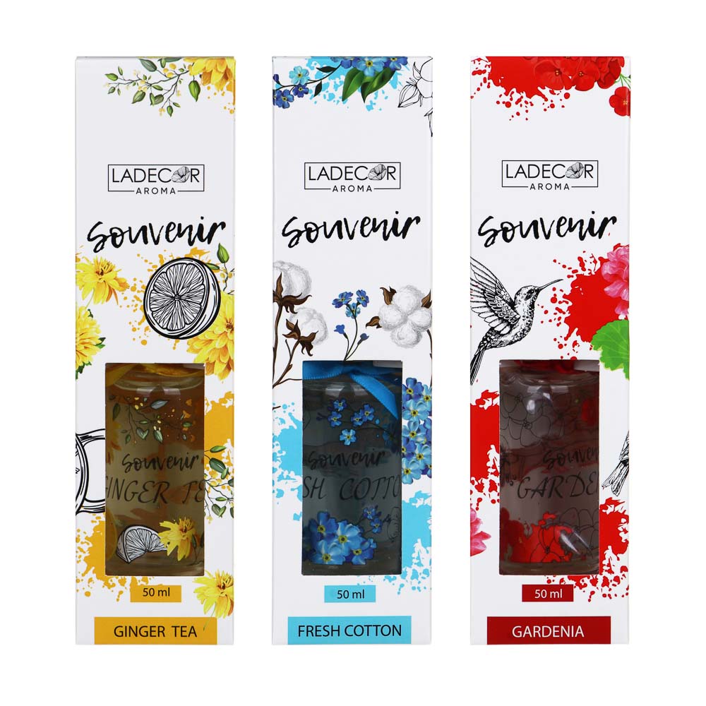 LADECOR Аромадиффузор с цветными палочками, Путешествия, 50 мл Свежесть хлопка/Гардения/Имбирный чай, арт.№ 412-051