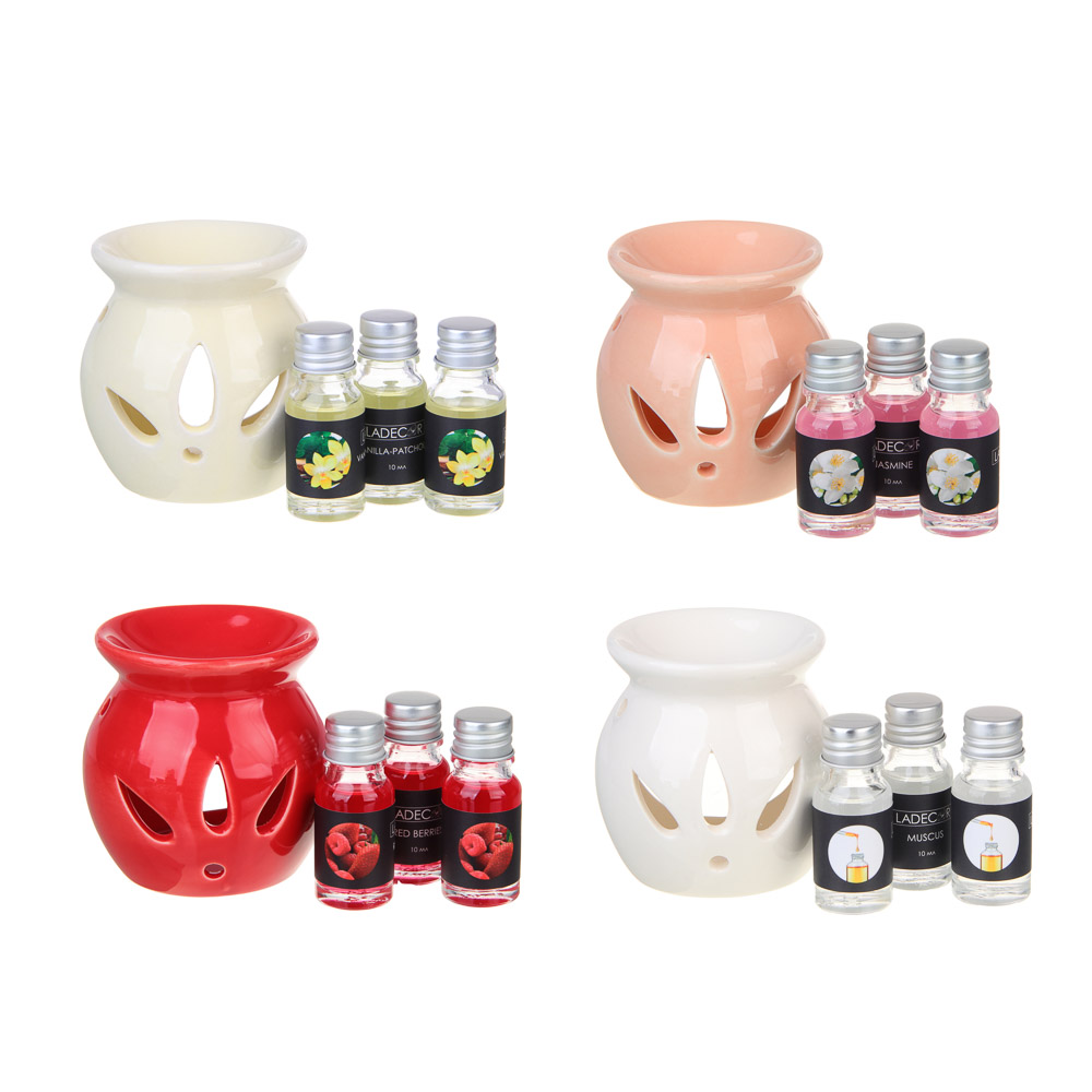 LADECOR Ароманабор лампа и масло, 3штx10мл, с ароматами красных ягод, ванили-пачули,жасмина, мускуса, арт.№ 412-017