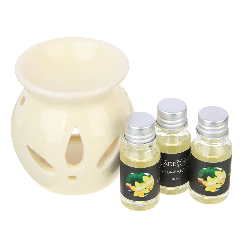 LADECOR Ароманабор лампа и масло, 3штx10мл, с ароматами красных ягод, ванили-пачули,жасмина, мускуса, арт.№ 412-017