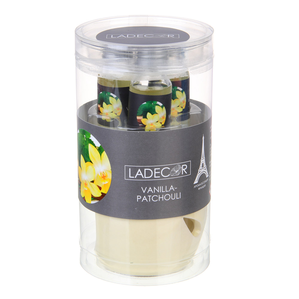 LADECOR Ароманабор лампа и масло, 3штx10мл, с ароматами красных ягод, ванили-пачули,жасмина, мускуса, арт.№ 412-017