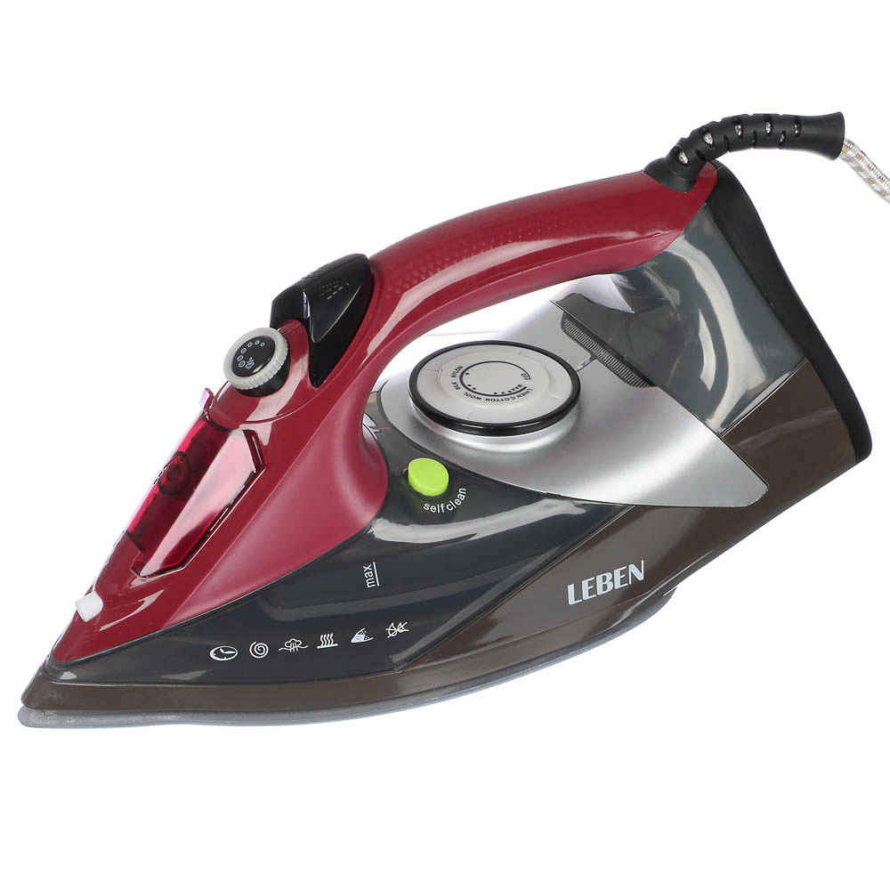 LEBEN Утюг с отпаривателем 2400 Вт, подошва - керамическое покрытие, бордо, арт.№ 249-021