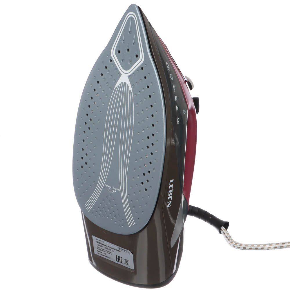 LEBEN Утюг с отпаривателем 2400 Вт, подошва - керамическое покрытие, бордо, арт.№ 249-021