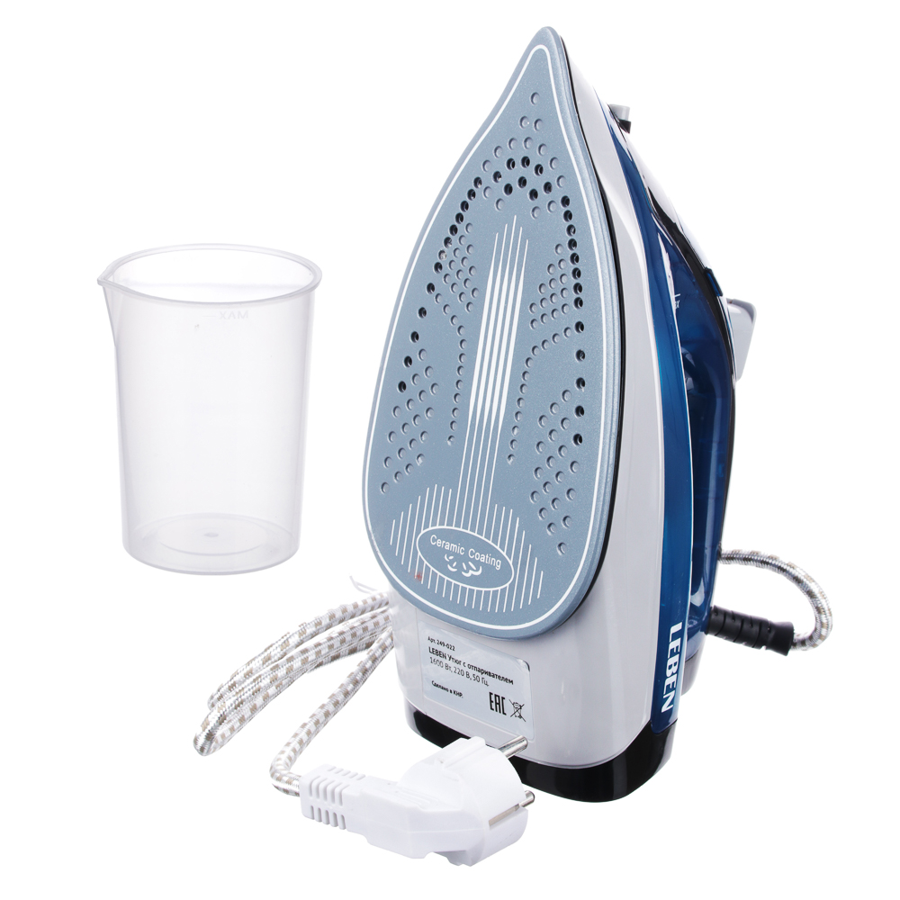 LEBEN Утюг с отпаривателем 1600 Вт, подошва - керамическое покрытие, синий, арт.№ 249-022