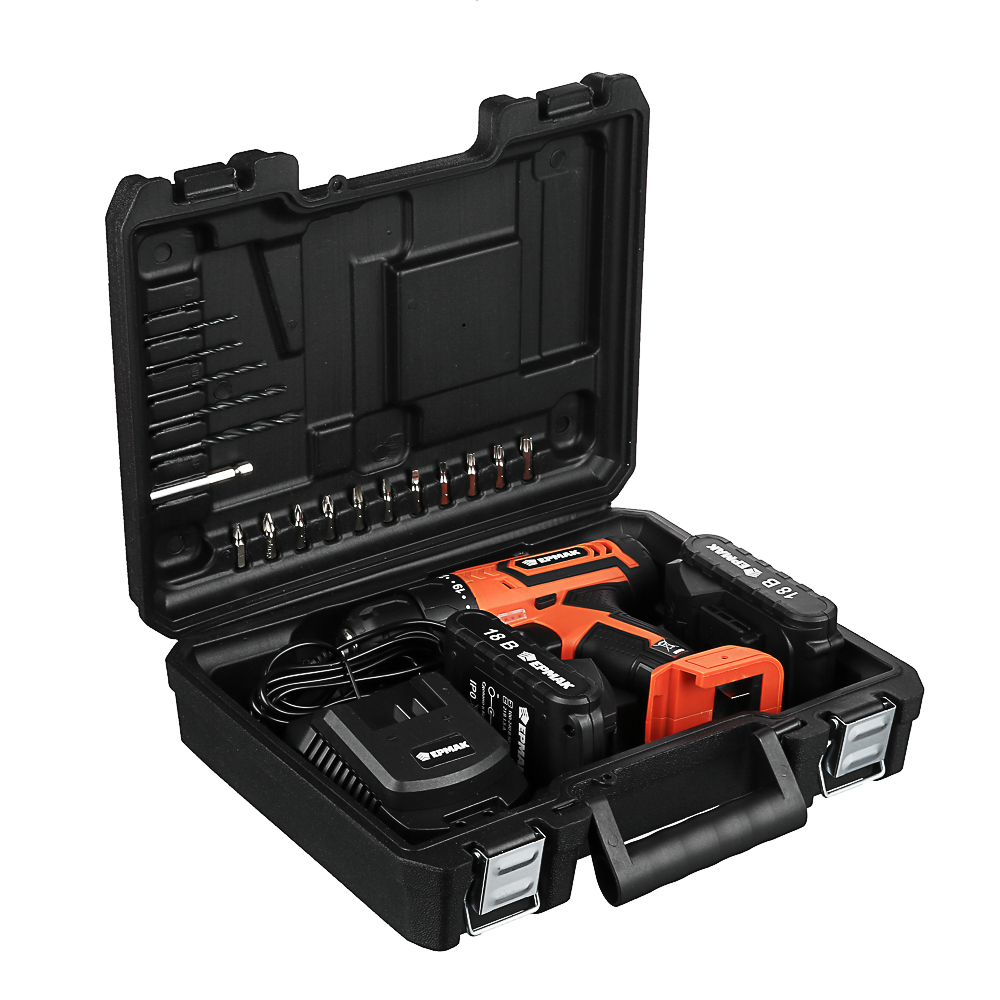 ЕРМАК Дрель-шуруповерт аккумуляторная ДША-18, 0-450-1550 об/мин, 1,3 Li-on (1),30Н*м, подсветка, арт.№ 646-325