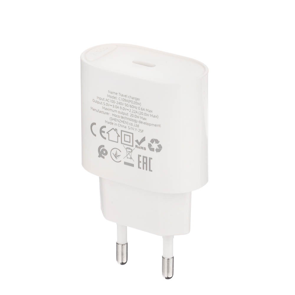 Сетевое зарядное устройство hoco. модель C109A, USB-С PD 20W, цвет: белый, арт.№ 916-278