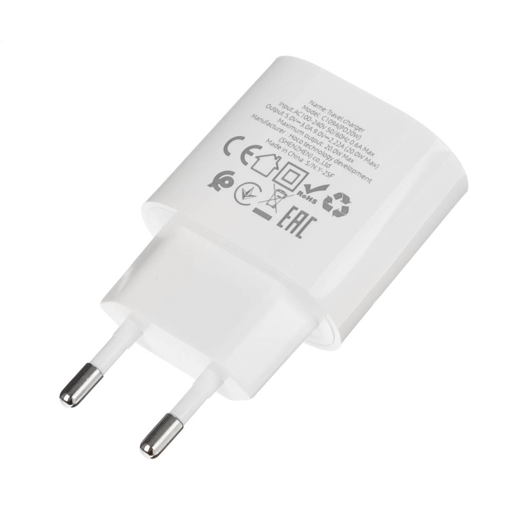 Сетевое зарядное устройство hoco. модель C109A, USB-С PD 20W, цвет: белый, арт.№ 916-278