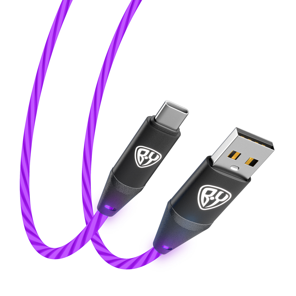 BY Кабель для зарядки Светящийся Type-C, 1м, 2.4А, Быстрая зарядка, подсв.фиолетовая, Герои, КОНЁК, арт.№ 931-466