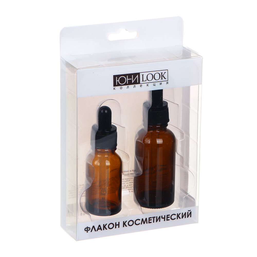 ЮНИLOOK Флакон косметический с пипеткой 2шт, 15мл/30мл, стекло, пластик PP, резина, арт.№ 357-240