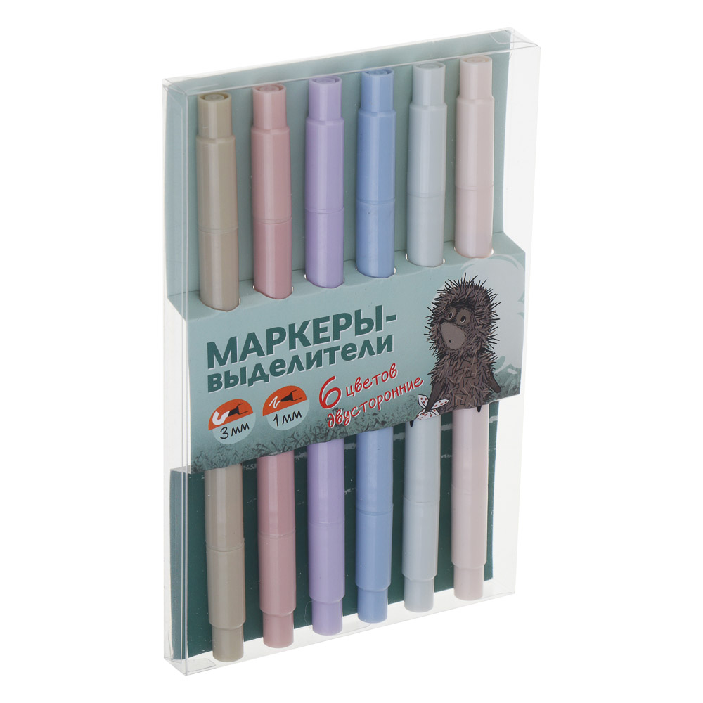 Ежик в Тумане Набор маркеров-выделителей 2-стор, 6 цв. "пастель" након.скош.3мм/круг 1мм, пласт.бокс, арт.№ 805-044