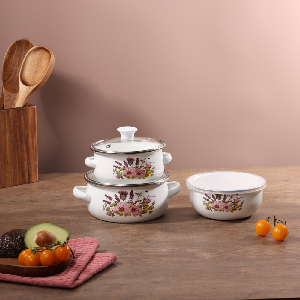 Набор мини-кастрюли 2шт.+салатник 1шт., с крышками, 6 пр (14/16/+14см, 0,7/1,1+0,7л) "Ботаника", арт.№ 894-011