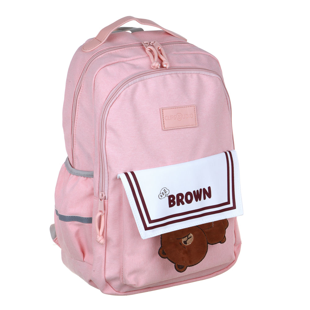 Рюкзак подростковый 45x30x20см, 2 отд., 3 карм., липучка, декор "мишка", ПЭ, иск.кожа, розовый, арт.№ 254-752