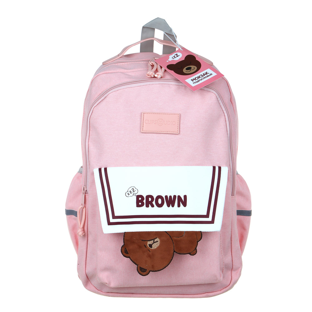 Рюкзак подростковый 45x30x20см, 2 отд., 3 карм., липучка, декор "мишка", ПЭ, иск.кожа, розовый, арт.№ 254-752