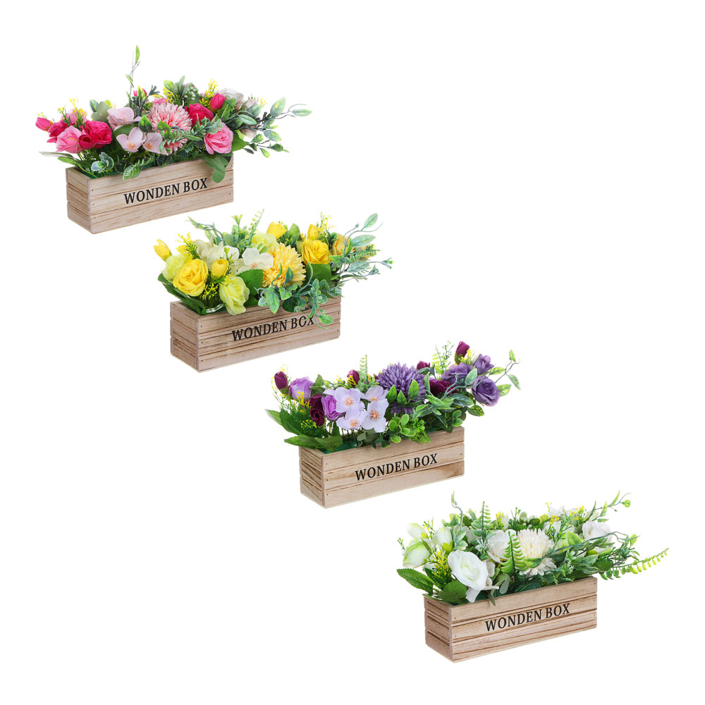 LADECOR Цветочная композиция в деревянном кашпо, 4 цвета, 20х16 см, арт.№ 501-496