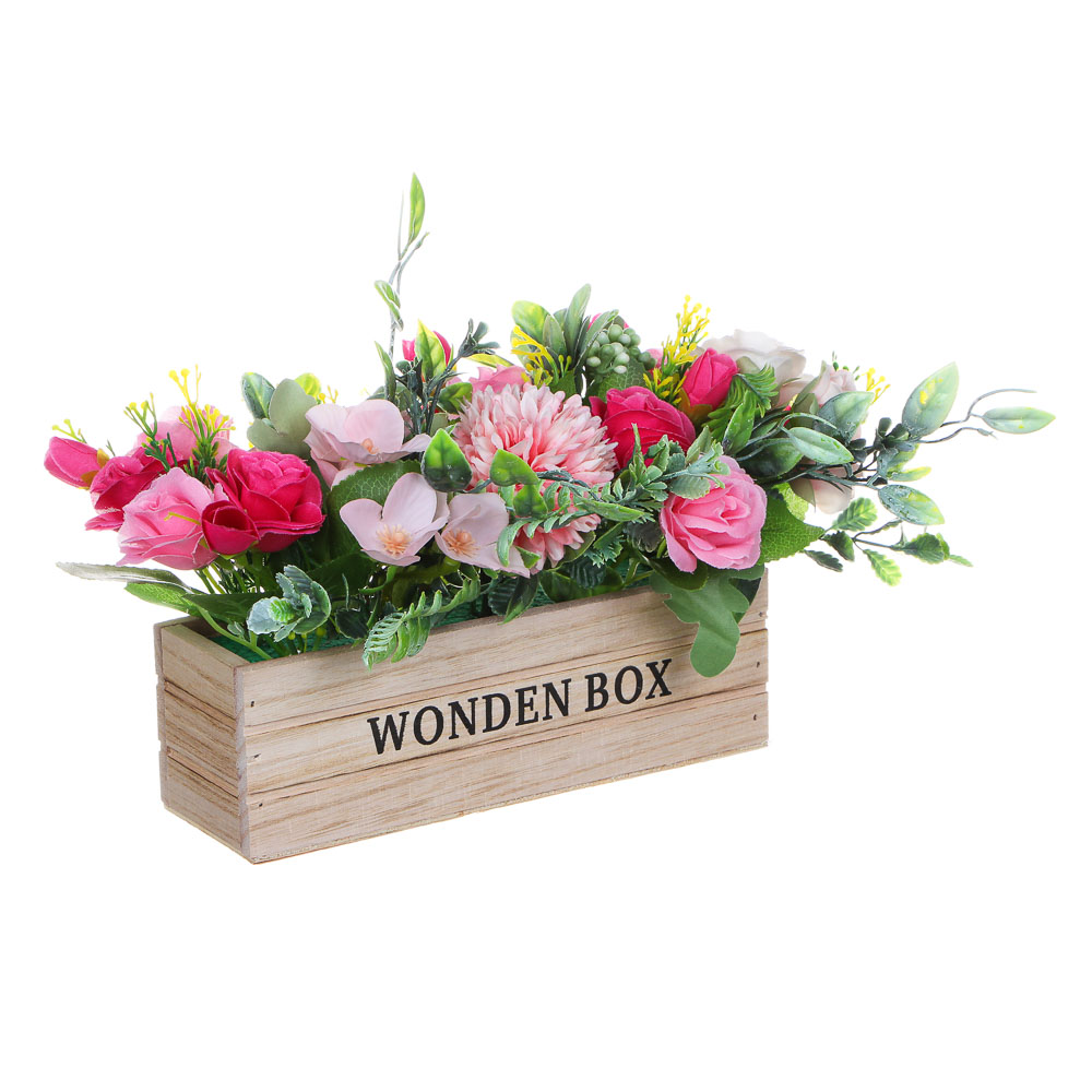 LADECOR Цветочная композиция в деревянном кашпо, 4 цвета, 20х16 см, арт.№ 501-496