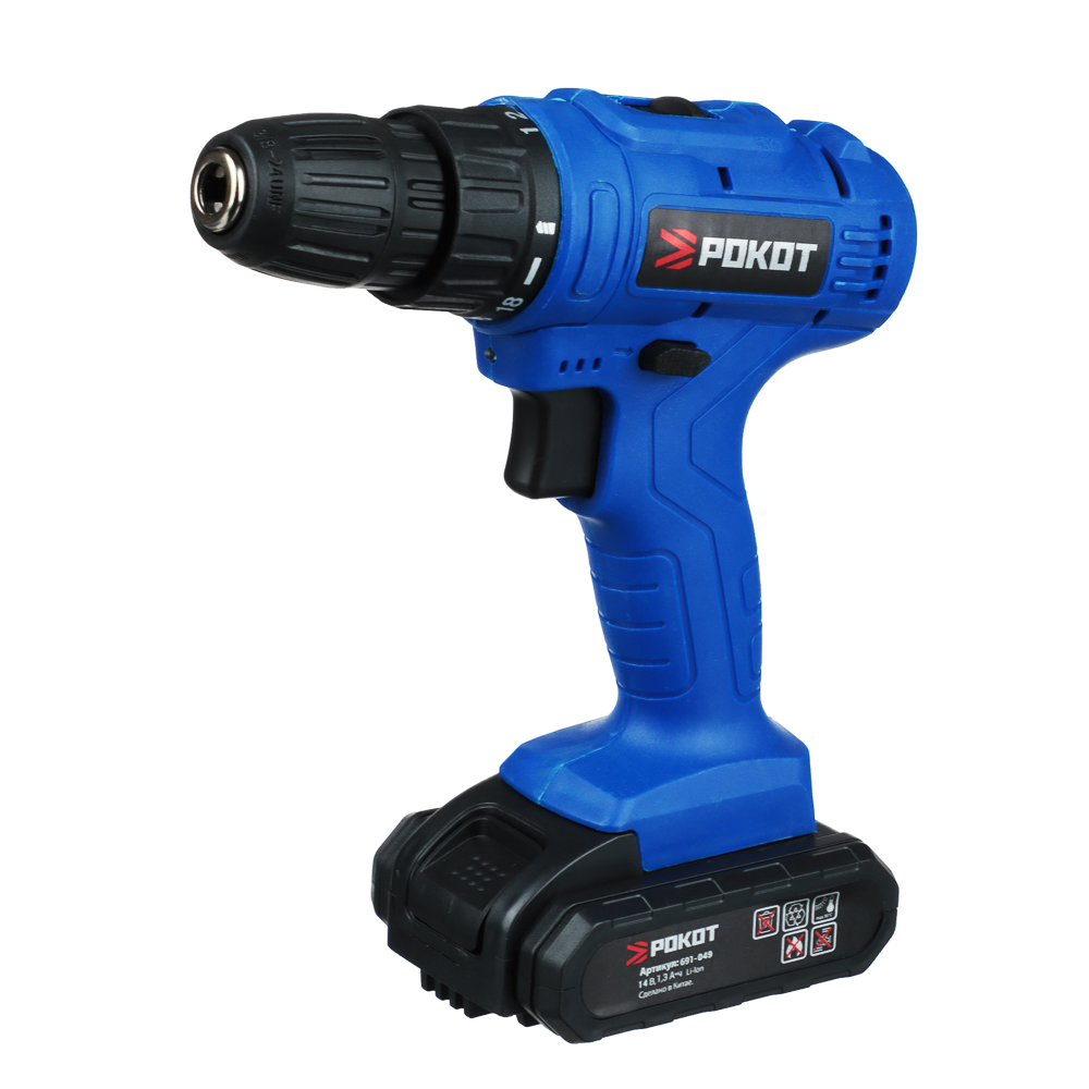 РОКОТ Дрель-шуруповерт аккум. 14В, 0-400-1400 об/мин, 1,3 Li-on (1), 2 скорости, арт.№ 691-049