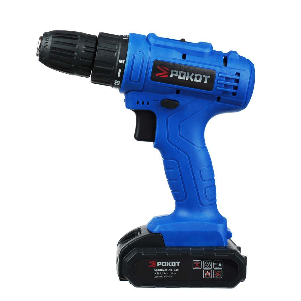 РОКОТ Дрель-шуруповерт аккум. 14В, 0-400-1400 об/мин, 1,3 Li-on (1), 2 скорости, арт.№ 691-049