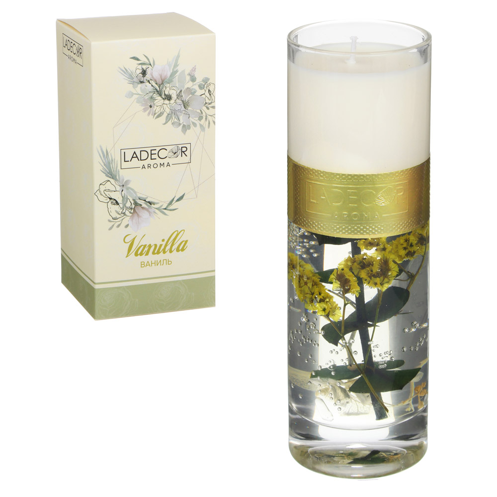 LADECOR Свеча ароматическая с декором, в стеклянном подсвечнике, 16,5см, 4 вида, арт.№ 508-632