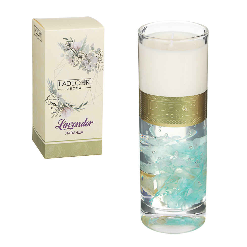 LADECOR Свеча ароматическая с декором, в стеклянном подсвечнике, 16,5см, 4 вида, арт.№ 508-632