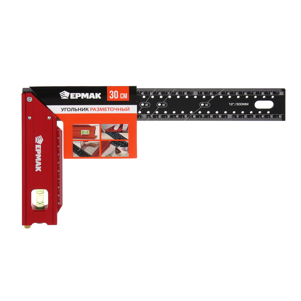 Угольник разметочный 30см тм ЕРМАК, с отверстиями для разметки(интервал 5мм) и пузырьковым уровнем, арт.№ 665-228