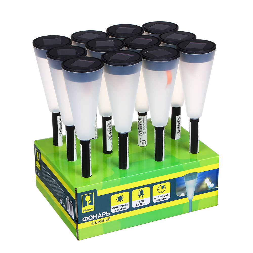 INBLOOM Фонарь садовый на солнечной батарее, 6,7х38см, 1LED,белый, пластик, арт.№ 185-038