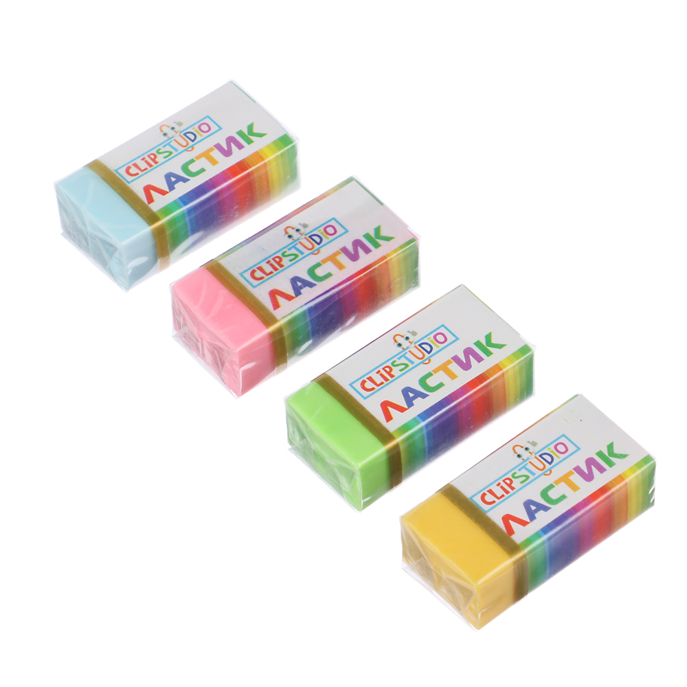 Ластик ClipStudio 3x1,5x1,1см, прямоугольный в картон. держателе, 4 цвета, ТПР, арт.№ 526-529