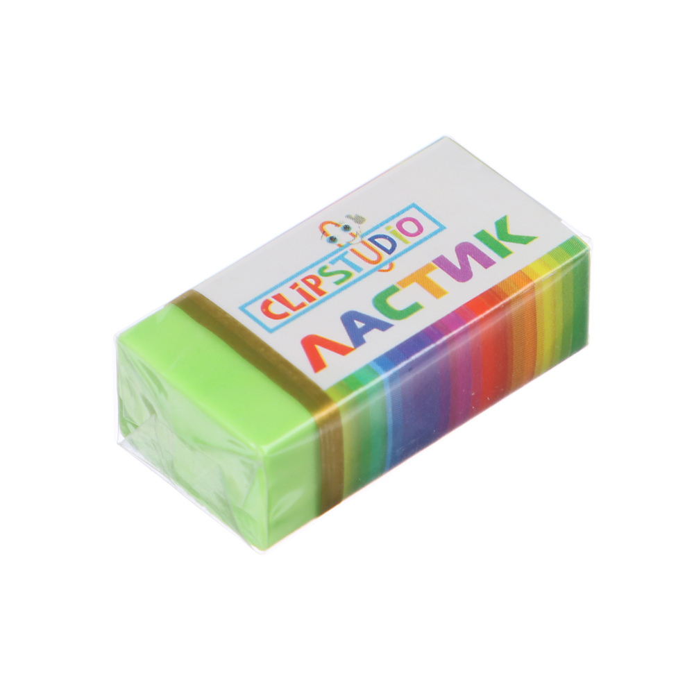 Ластик ClipStudio 3x1,5x1,1см, прямоугольный в картон. держателе, 4 цвета, ТПР, арт.№ 526-529