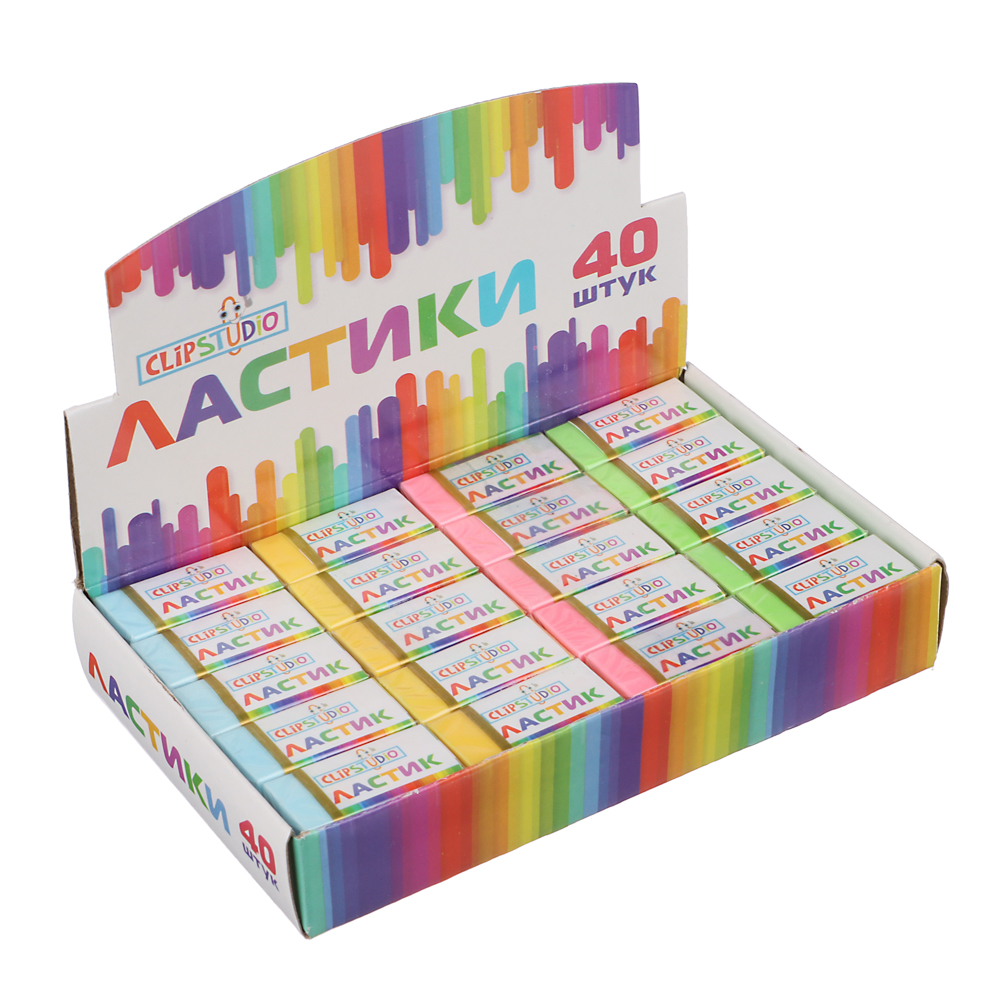 Ластик ClipStudio 3x1,5x1,1см, прямоугольный в картон. держателе, 4 цвета, ТПР, арт.№ 526-529