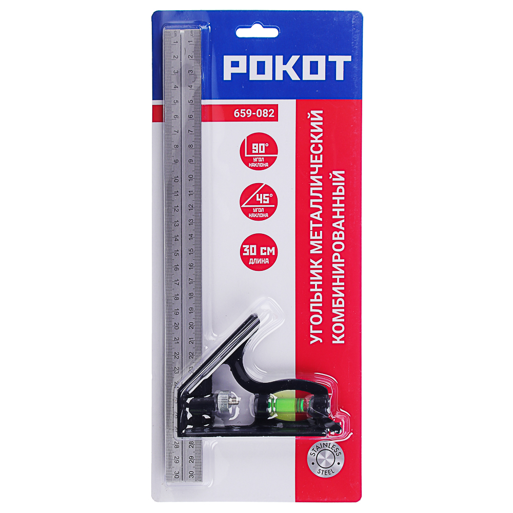 РОКОТ Угольник металлический комбинированный с уровнем, 300 мм, арт.№ 659-082