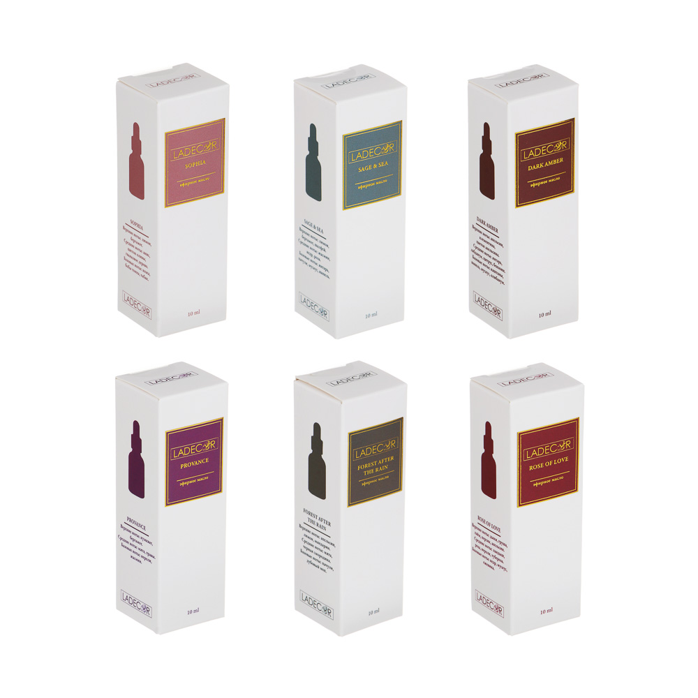 LADECOR Аромамасло 10мл, 6 парфюм.ар(Sage&sea/Forestaftertherain/Provance/Roseoflove/Sophia/Amber), арт.№ 406-160