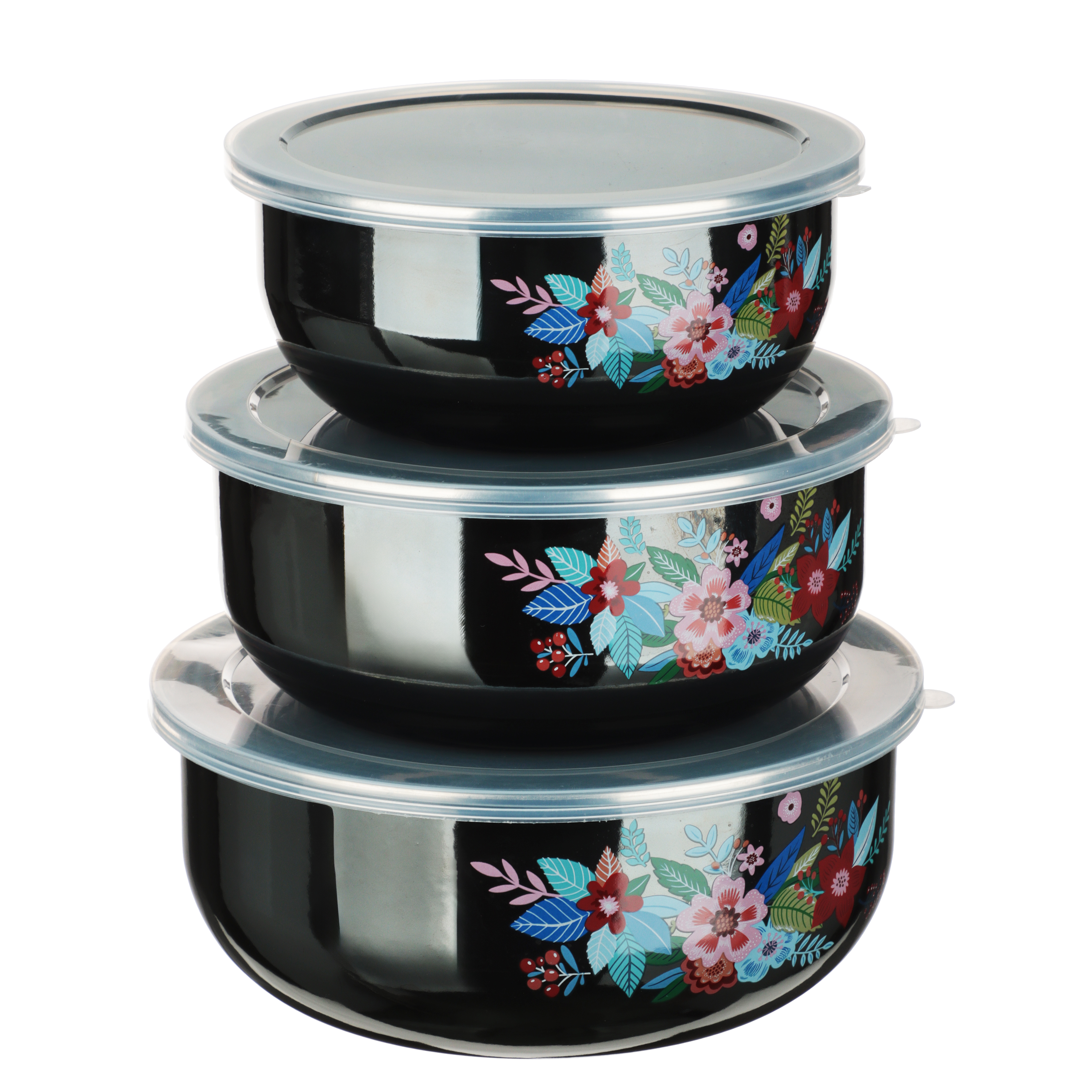 Набор эмалированных салатников с крышками, 6 пр. (14/16/18см, 0,7/1,1/1,4л) "Колор" черн.перлам., арт.№ 894-012